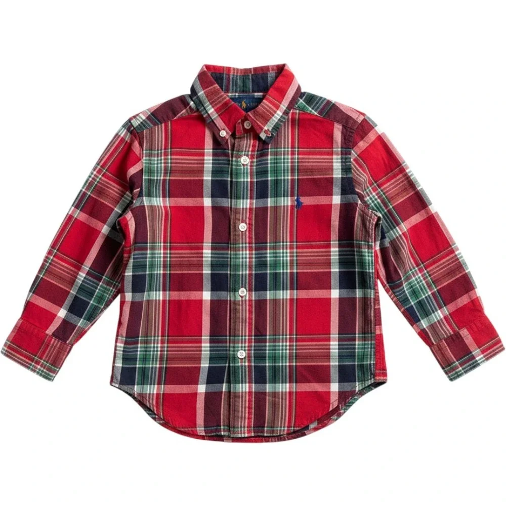 Ralph Lauren Boys Red Plaid Button Down Shirt Long Sleeve Pony Logo Size 3T
